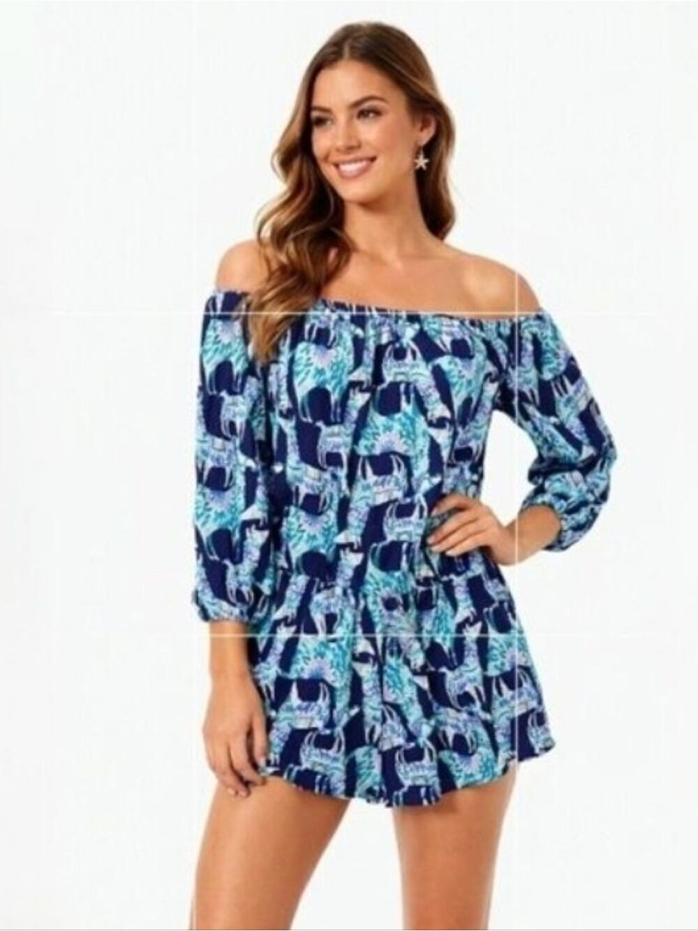 Lilly Pulitzer Lana Off-Shoulder Llama Alpaca Print Shorts Romper Size XS